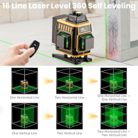 Křížový laser zelený 16 linií, 4 x 360°laserová vodováha samonivelační, 16 rotačních laserů s LED digitálním displejem, liniový